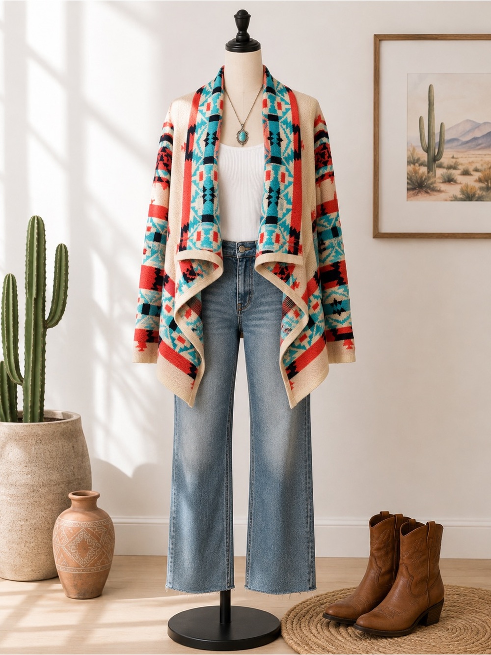 Moon Collection Southwestern Aztec Waterfall Cardigan Sweater L Boho Western